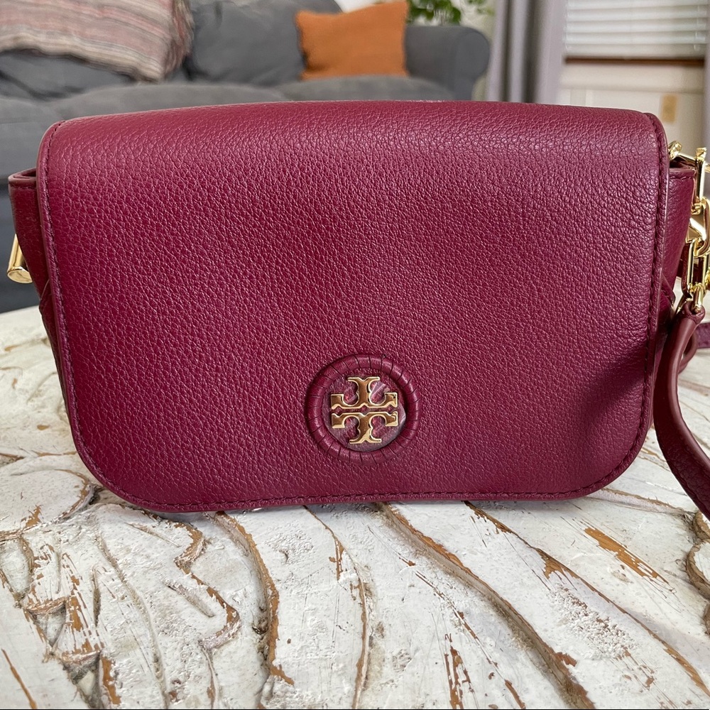 Tory Burch Whipstitch logo Maroon crossbody mini purse Like New